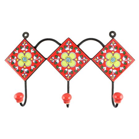 Ceramic Floral Tile Hook in Red Color